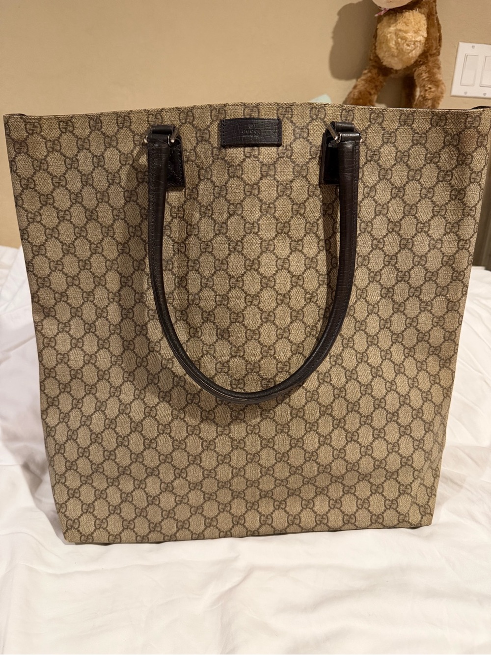 Gucci Beige GG Canvas Tote with Dark Brown Leather Handles